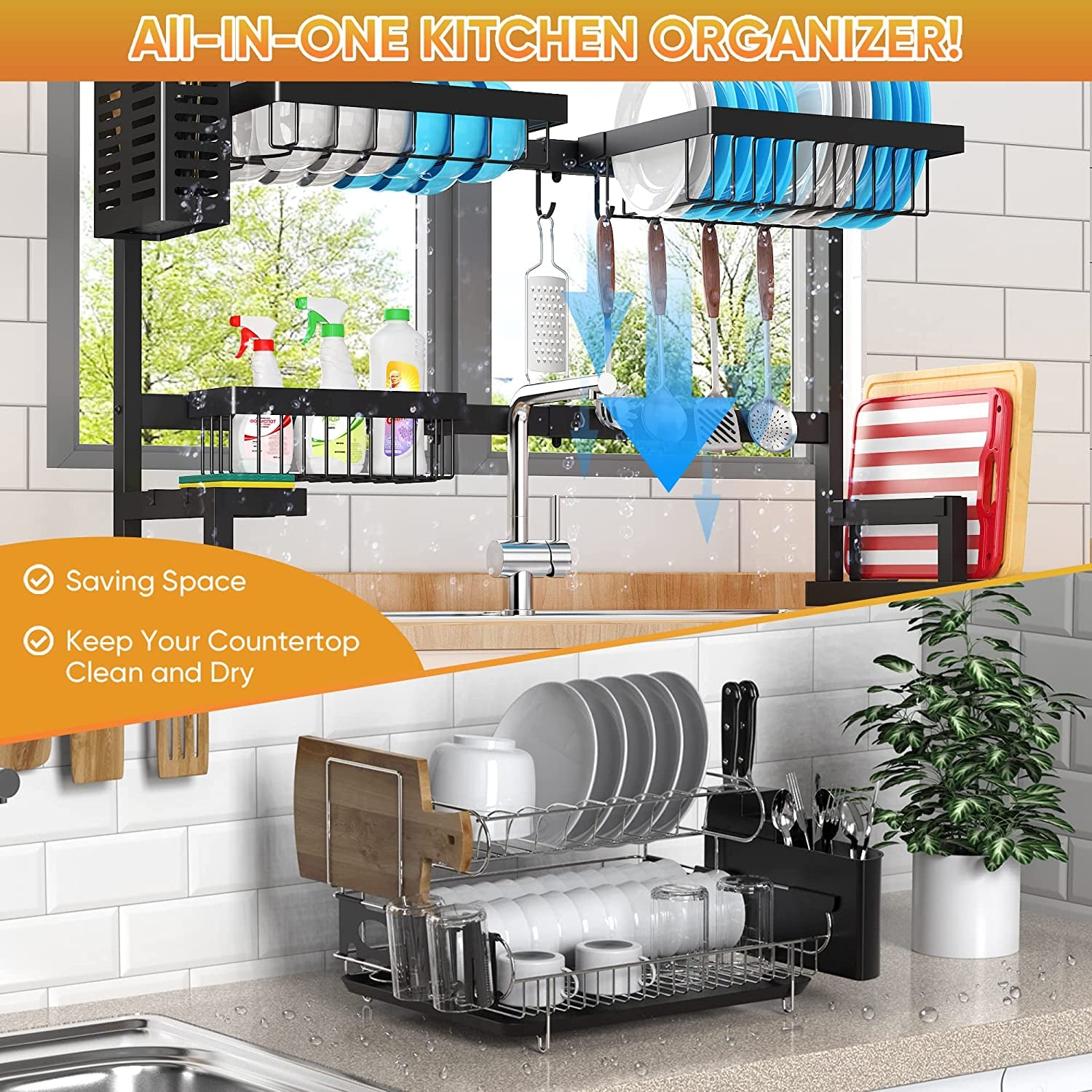 Over Sink(24"-40") Dish Drying Rack, Adjustable Cutlery Holders Drainer Shelf for Kitchen Supplies Storage Counter Organizer Stainless Steel Display- Space save Must Have (24≤Sink Size≤40Inch, Black)