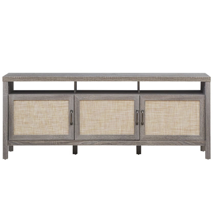 Universal TV Stand Cabinet Television Media Console with 3 Rattan Doors Grey