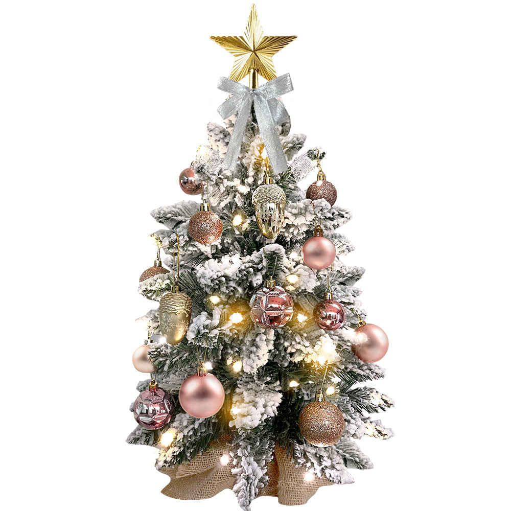 2Ft Mini Christmas Tree with Light Artificial Small Tabletop Christmas Decoration with Flocked Snow, Exquisite Decor & Xmas Ornaments for Table Top for Home & Office, Rose Gold