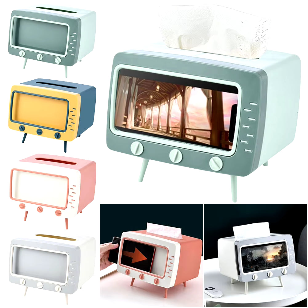 Creative Cartoon TV Shape Tissue Box Mobile Phone Holder Stand Home Living Room Office Toilet Tissue Box Kawaii Desktop Decor