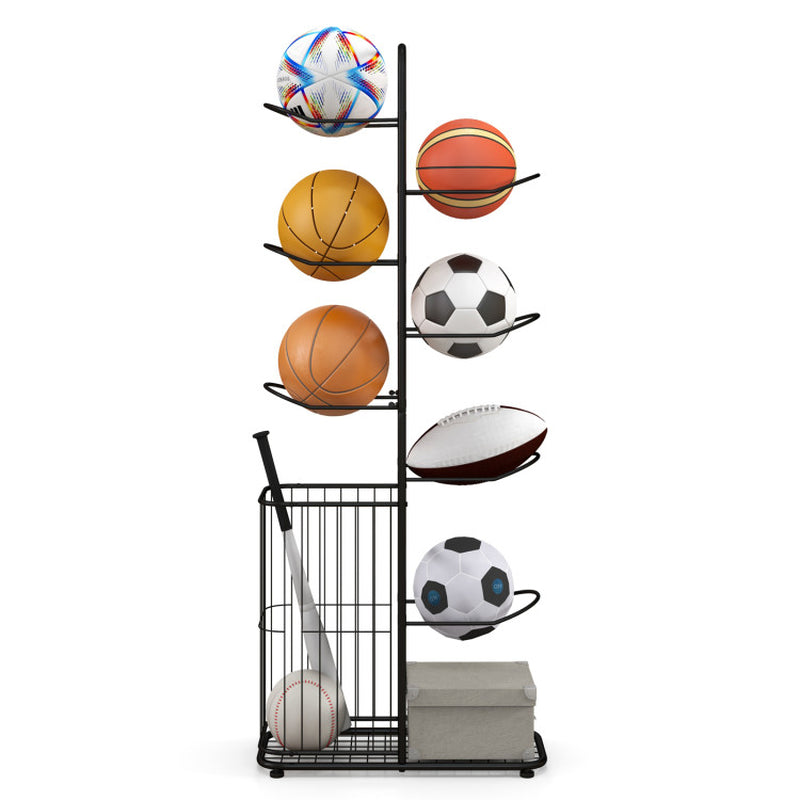 Metal Basketball Holder with 7 Removable Hanging Rods and Side Ball Basket