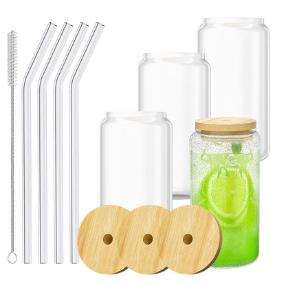 Bamboo Lid Glass Cups with Glass Straw, Beer Can Shaped Drinking Glasses, 16 Oz - Ideal for Whiskey, Soda, Tea, Water, Gift (4 Pack)