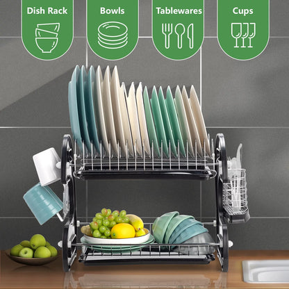 2 Tier Dish Drainer Drying Rack Large Capacity Kitchen Storage Stainless Steel Holder,Washing Organizer - Overall Dimensions: 22.83" X 11" X 14.57" (L X W X H)