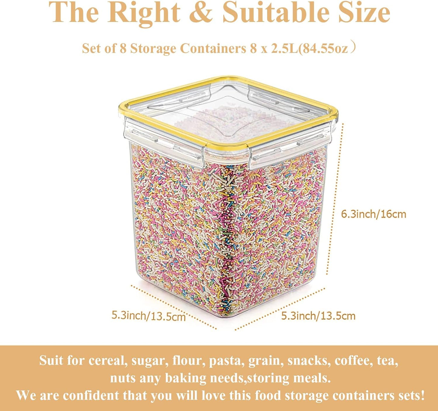 Cereal Container Food Storage Containers, Airtight Dry Food Storage Containers Set of 8 (2.5L/85Oz) for Flour, Sugar, Cereal and Pantry Storage Containers with Black Locking Lids